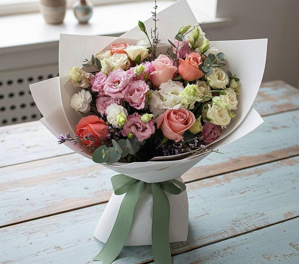 Букет цветов из: Розы, Лизиантусы и Гвоздики в Димитровграде