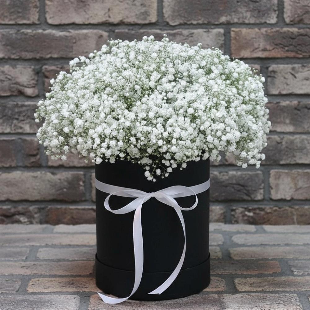 Цветочная композиция из Гипсофила в шляпной коробке в Димитровграде